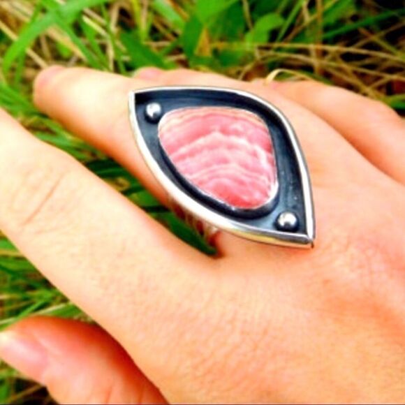 Pink Rhodochrosite Natural Stone Sterling Silver Statement Ring Handcrafted USA - Picture 3 of 4